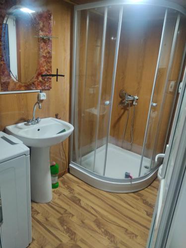 een badkamer met een douche en een wastafel bij Barybari in Khulo