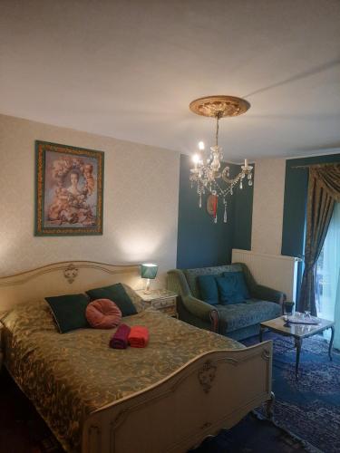 - une chambre avec un lit, un canapé et un lustre dans l'établissement Toporzanka, 