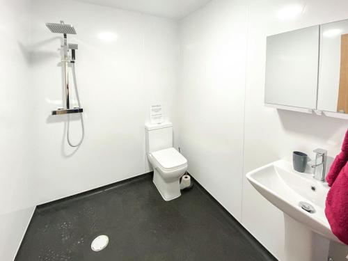 La salle de bains blanche est pourvue de toilettes et d'un lavabo. dans l'établissement Uk40237 - Beach Bank Bungalow, à Lympne