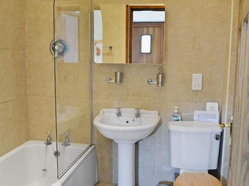 a bathroom with a sink and a toilet and a shower at Black Thorn Cottage in Falmouth