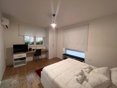 Dormitorio con cama, escritorio y TV en Grand Park & Bllok Area Rooms en Tirana