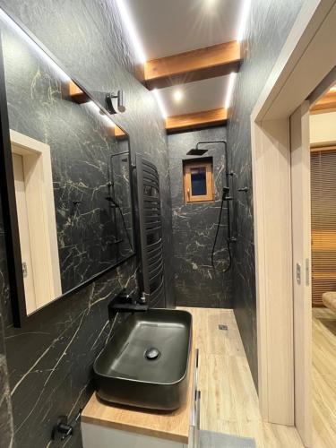 czarna łazienka z umywalką i prysznicem w obiekcie Agroturystyka Dom Skowronek w mieście Legbąd