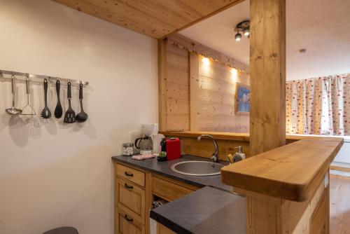 eine Küche mit einer Spüle und einer Theke mit Küchenutensilien in der Unterkunft Amanuq lovely apartment in Chamonix-Mont-Blanc