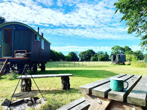 a picnic table and a tiny house in a field at The Big Green Shepherds Hut in Charlwood