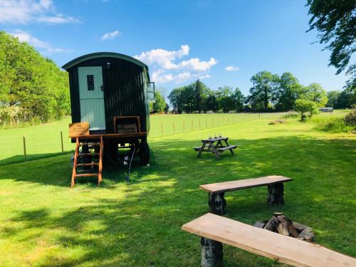 a shed and a picnic table and benches in a field at The Big Green Shepherds Hut in Charlwood
