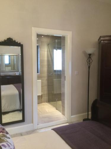 a glass shower door in a bedroom with a bed at Tullybeggs B&B in Clifden