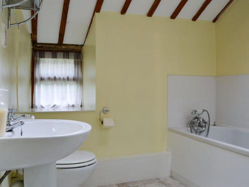 a bathroom with a sink and a toilet and a tub at Valley Cottage in Penmachno