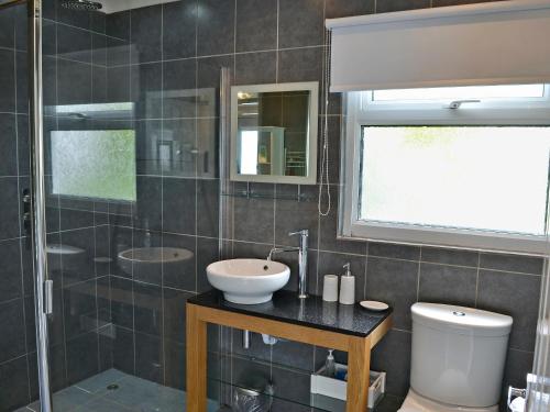 a bathroom with a sink and a shower and a toilet at Trevone in St Merryn