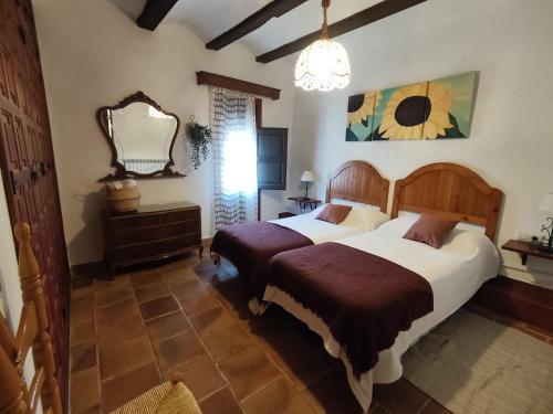 1 dormitorio con 2 camas y un espejo grande en La Antigua Posada, en Linares de Mora