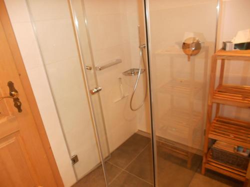 La salle de bains est pourvue d'une douche avec une porte en verre. dans l'établissement Haus Annelies, à Siegsdorf