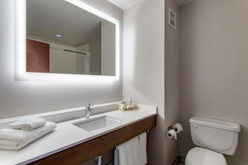 een witte badkamer met een wastafel en een spiegel bij Holiday Inn Express Hotel and Suites Natchitoches, an IHG Hotel in Shamard Heights