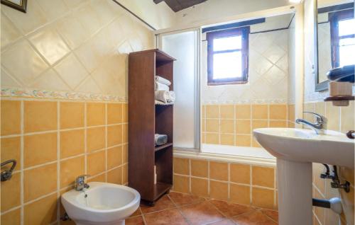 ein Badezimmer mit einem Waschbecken, einem WC und einem Spiegel in der Unterkunft 1 Bedroom Awesome Apartment In Mondron in Mondrón