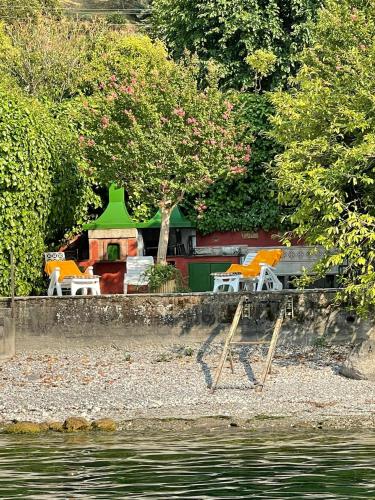 a group of chairs sitting on the shore of a body of water at L'Oleandro sul Lago d'Iseo B&B in Sulzano