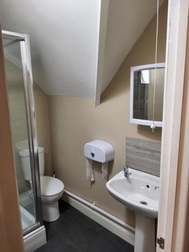 a small bathroom with a toilet and a sink at The Avenue Hotel in Grantham