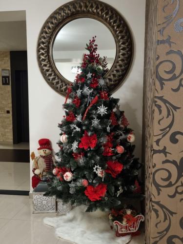 a christmas tree in front of a mirror at Pensiunea Ellemar in Vatra Dornei
