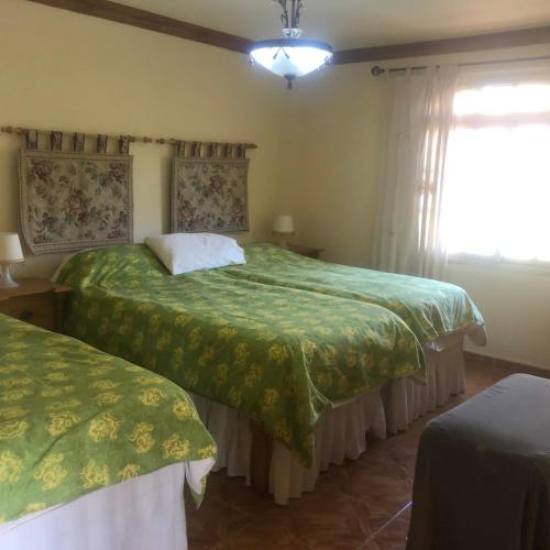 a bedroom with two beds with green sheets and a window at Atlantida Deluxe penthouse by Apartamentos Estrella del Norte in Icod de los Vinos