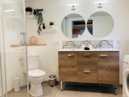 ein Bad mit einem WC, einem Waschbecken und Spiegeln in der Unterkunft Magnifique Maison Familiale in Quistinic