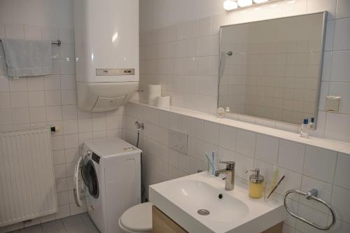 Un baño con lavabo, inodoro y espejo. en White Lotus Apartment, en Viena