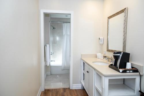 a bathroom with a sink and a mirror and a shower at Three Village Inn in Stony Brook