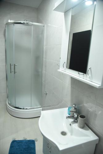 a bathroom with a sink and a shower and a mirror at Restoran,,Vuk,, Tršić in TrÅ¡iÄ‡