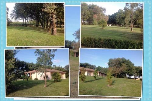 four pictures of a yard with a house and a tree at Meublés de Margastau in Dieupentale