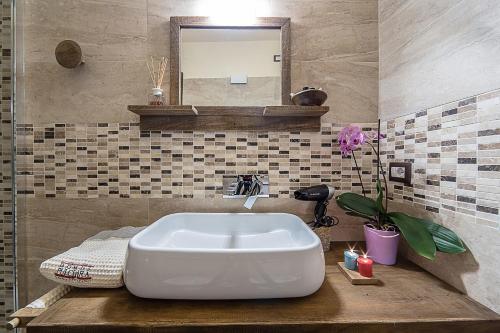 a bathroom with a large white sink on a counter at Domus Antica Aosta in Aosta