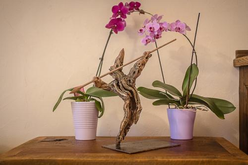 two vases with flowers in them on a table at Domus Antica Aosta in Aosta