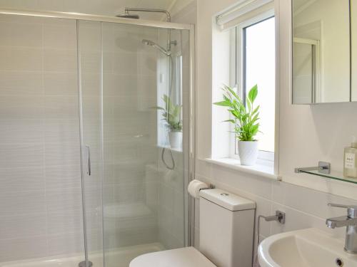 a bathroom with a shower and a toilet and a sink at The View - Uk36812 in Whalley