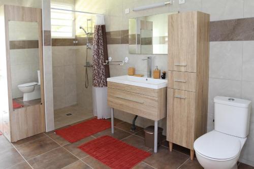 La salle de bains est pourvue de toilettes, d'un lavabo et d'une douche. dans l'établissement RAIATEA - Fare Te Hanatua, à Tevaitoa