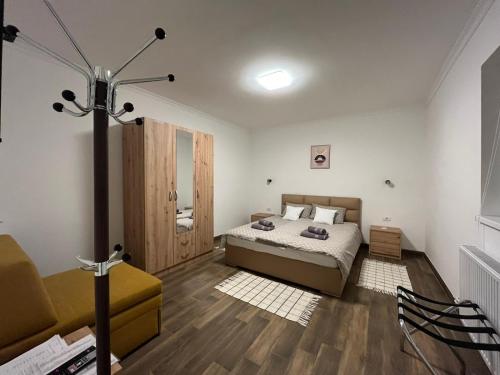 a bedroom with a bed and a chair in it at ALFA Apartmani in Subotica