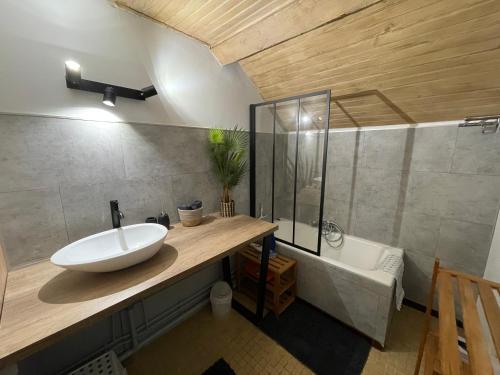 a bathroom with a sink and a shower and a tub at Appartement au Sauze vue montagne in Enchastrayes