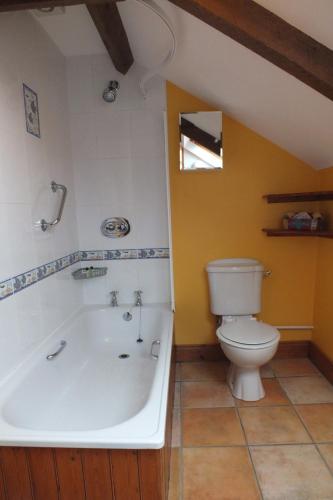 a bathroom with a bath tub and a toilet at Barnwell Farm Cottages Corn cottage in Greyabbey