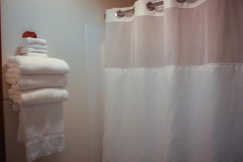 - une pile de serviettes dans la salle de bains pourvue d'une douche dans l'établissement Mountain Creek Tavern, 