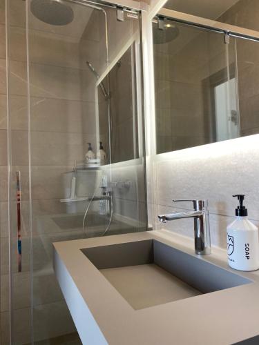 ein Badezimmer mit Waschbecken und Dusche in der Unterkunft Villa Pura Corsica with sea view and private pool in Conca