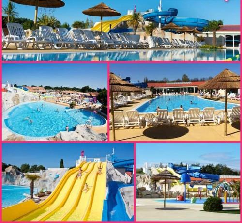 un collage de quatre photos d'une piscine avec un parc aquatique dans l'établissement Camping, aux Mathes