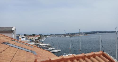 vistas a un puerto deportivo con barcos en el agua en AB Preveza Seaside Attic Sofita -15 Meters Over the Sea, en Preveza