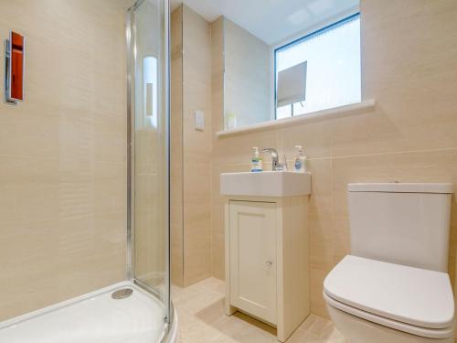 a bathroom with a shower and a toilet and a sink at Griff Head Cottage in Carlton