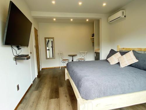 a bedroom with a bed and a table with chairs at La Petite France in San José de Maipo