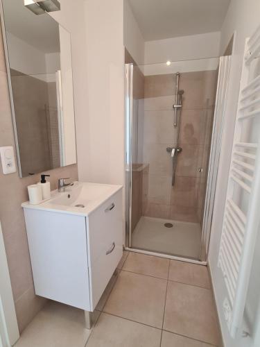 une salle de bain blanche avec une douche et un lavabo dans l'établissement Corse, Appart 3 chambres, tout confort, accès direct plage, à Linguizzetta