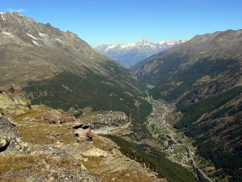 an aerial view of a valley in the mountains at Chalet Stadel in Saas-Grund