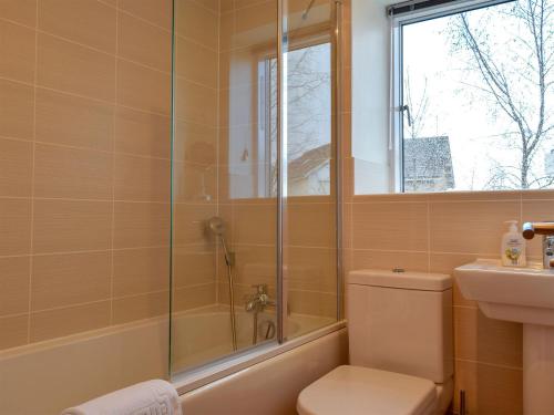 ein Bad mit einer Dusche, einem WC und einem Waschbecken in der Unterkunft Chestnut Lodge in Somerford Keynes