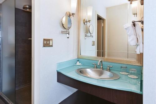 a bathroom with a sink and a mirror at Crowne Plaza Syracuse, an IHG Hotel in Syracuse