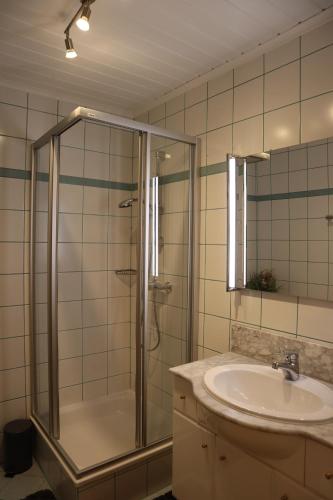 a bathroom with a shower and a sink at Landhaus-Appartements Warraich in Schladming