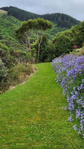 a path through a field of purple flowers at Boutique Art Retreat in Upper Hutt