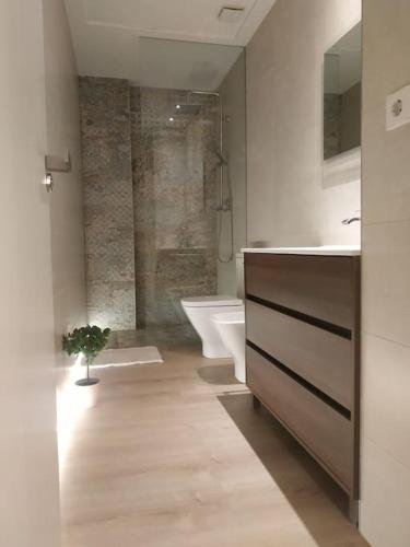 a bathroom with a shower and a sink and a toilet at Lujoso y acogedor apartamento "súper céntrico" en ELche in Elche