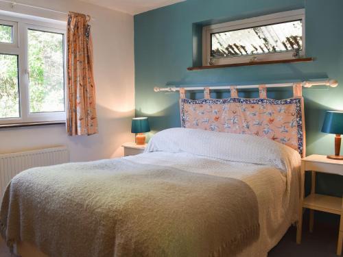 a bedroom with a bed and two windows at The Glen in Devils Bridge