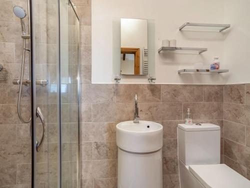 a bathroom with a shower and a toilet and a sink at The Milking Parlour in Llangeler