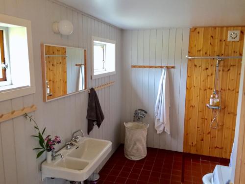 a bathroom with a sink and a mirror at Romantisk hus-med panorama utsikt over lofotodden in Sørvågen