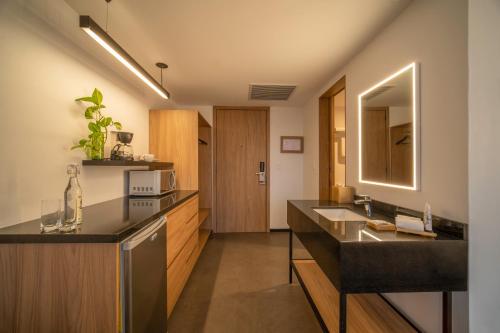 a kitchen with a sink and a counter top at Stadía Suites Querétaro Centro Histórico in Querétaro