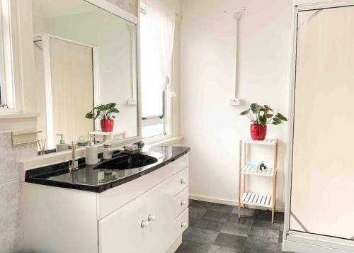 a white bathroom with a sink and a mirror at Central Garden Guest House in Motueka